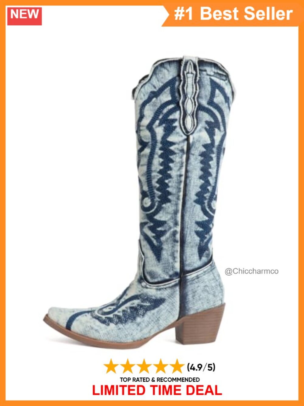 FIFSY Denim Cowboy Boots Knee High Embroidered Pointed Toe Chunky Heel Western